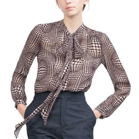 Zara Brown & Ivory Polka Dot Printed Chiffon Bow Tie Neck Pussycat Blouse - S - Picture 1 of 11